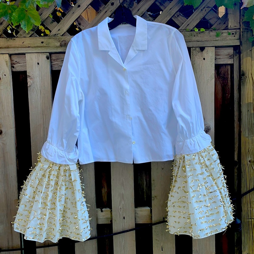 Anaïs Jourden white cotton shirt with metallic gold fil coupé flared cuffs